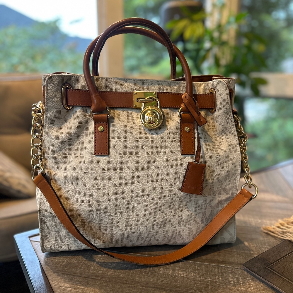 Michael Kors Hamilton Large Brown and Cream Signature Vanilla Tote Gold Hardware